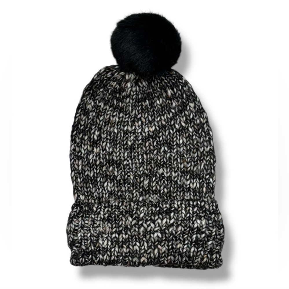 LOFT Marled Yarn Knit Cuffed Beanie with Faux Fur Pom Pom NWT!